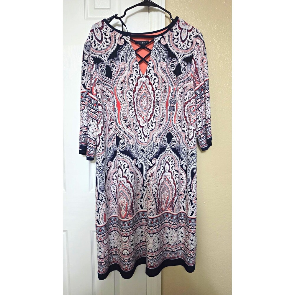 Roz & Ali Navy Pink White Paisley Knit V-Neck 3/4 Sleeve Midi Dress 20 Plus